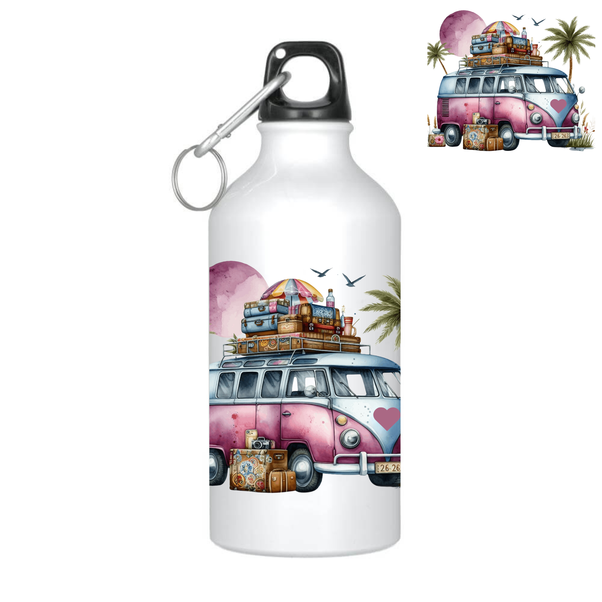 Bidon met de afbeelding van een paars gekleurd VW busje