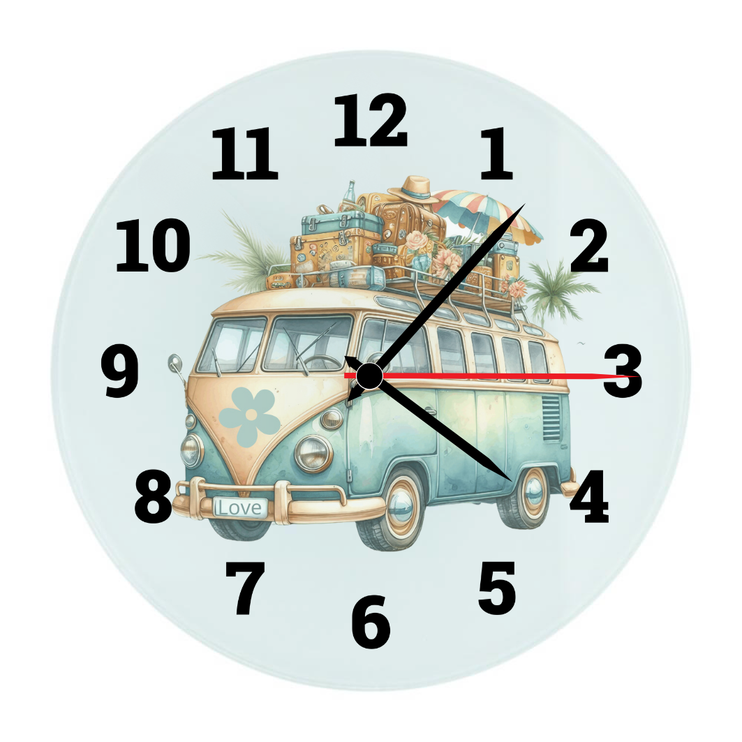 Wandklok van glas met de afbeelding van een VW busje