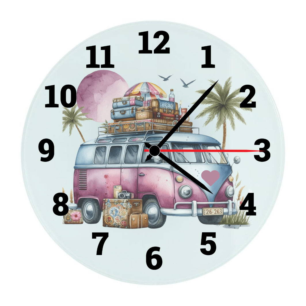 Wandklok van glas met de afbeelding van een paars VW busje