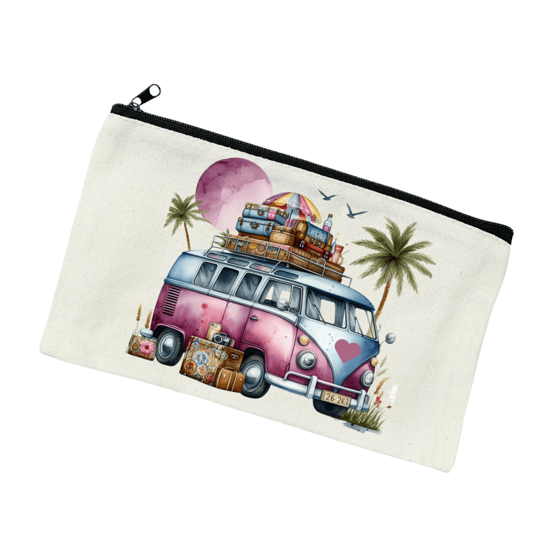 etui make-up met de afbeelding van een paars VW busje
