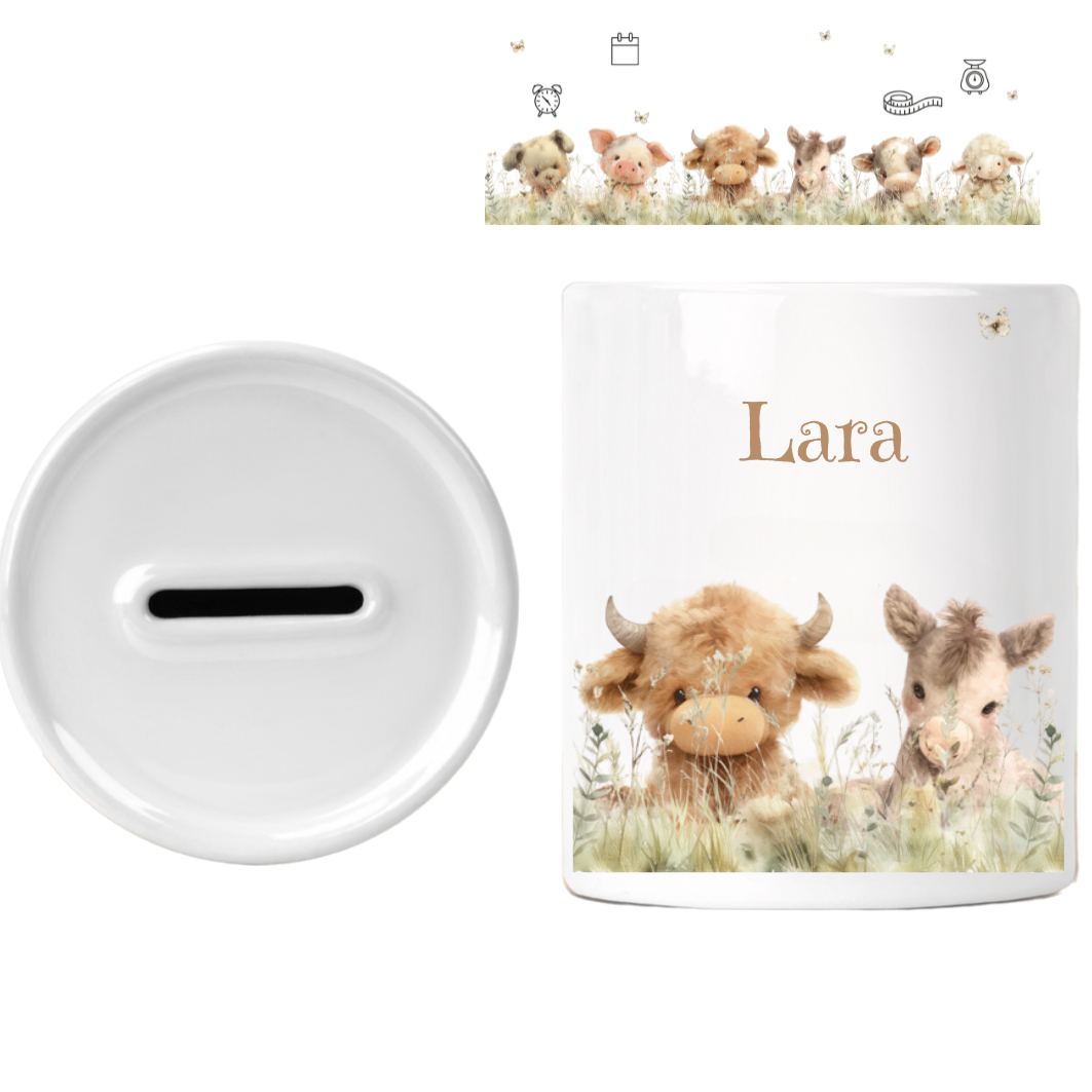 Geboorte spaarpot met de afbeelding van boerderijdieren