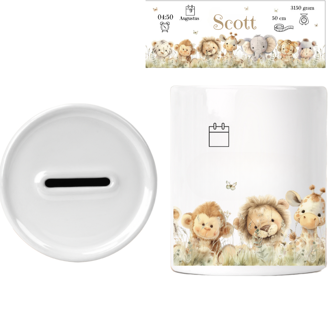 Stenen spaarpot met de afbeelding van jungledieren. Geheel te personaliseren met de geboortegegevens