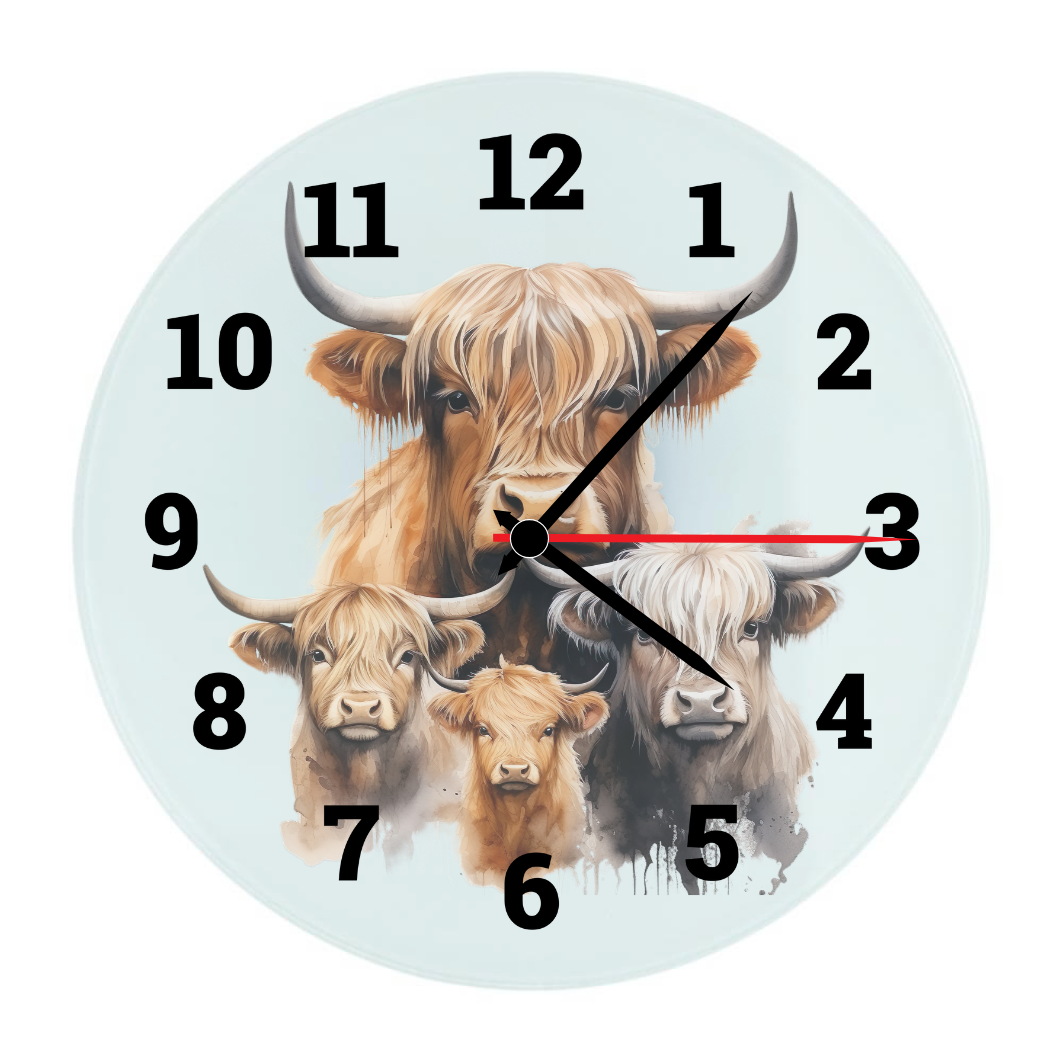 Wandklok met de afbeelding van prachtige schotse hooglanders