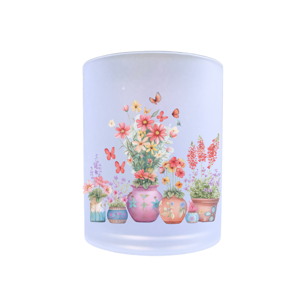 waxinelichthouder van glas met kleurige bloempotten