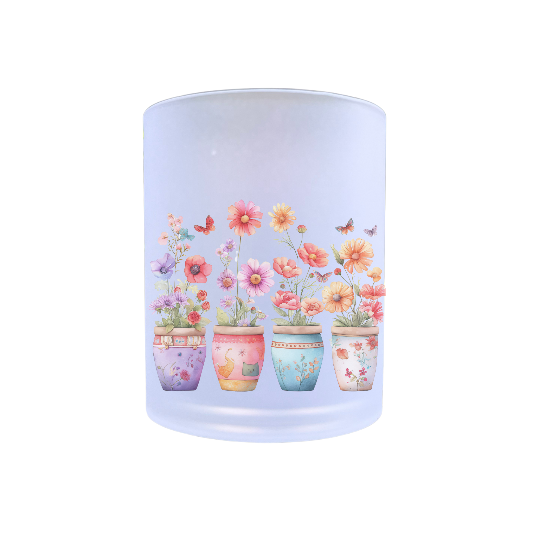 waxinelichthouder van glas met kleurige bloempotten