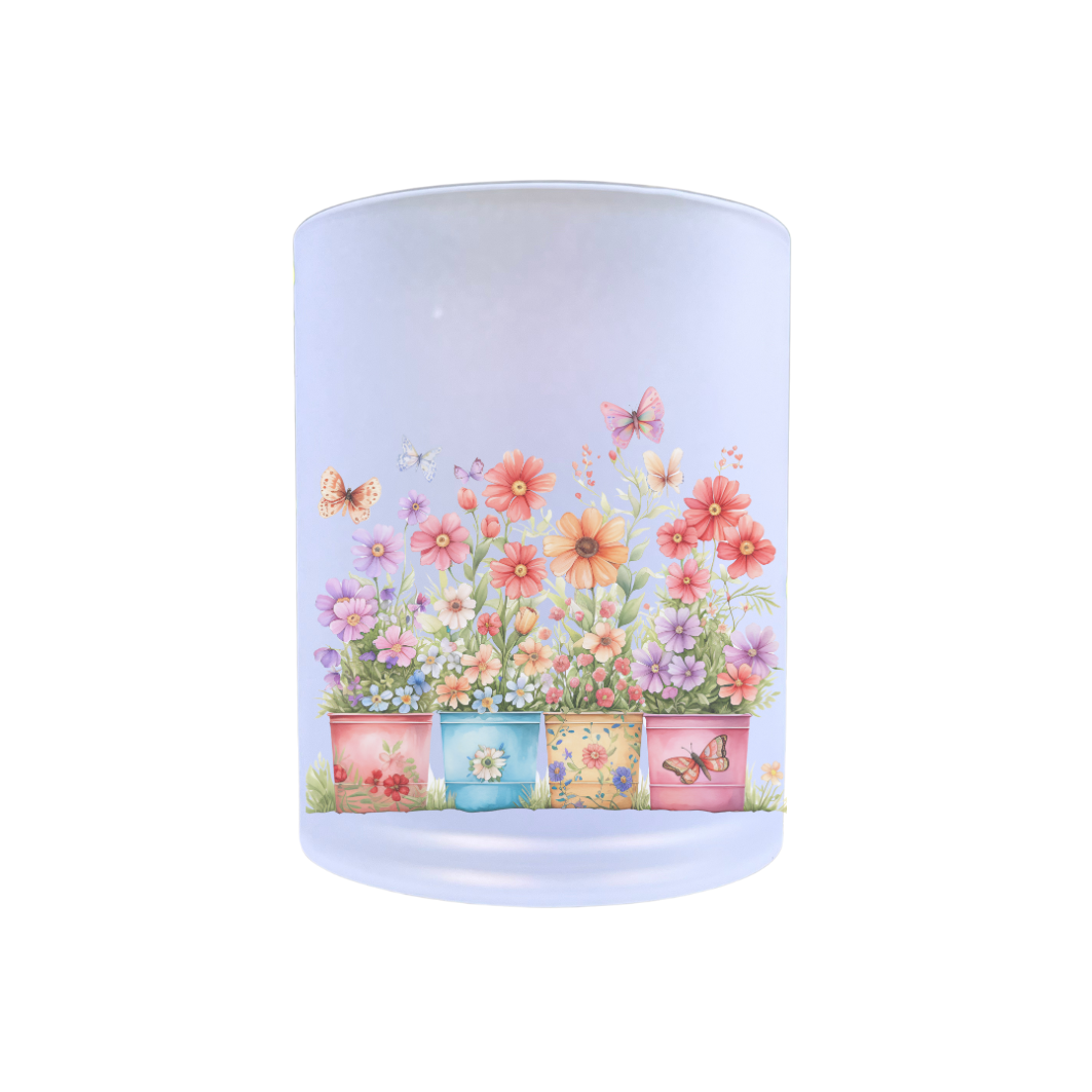 waxinelichthouder van glas met kleurige bloempotten