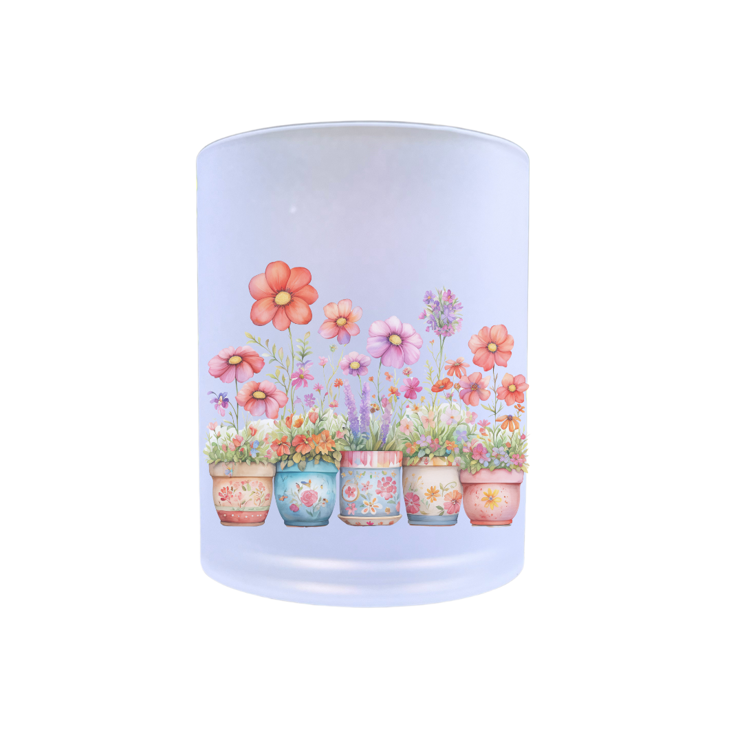waxinelichthouder van glas met kleurige bloempotten