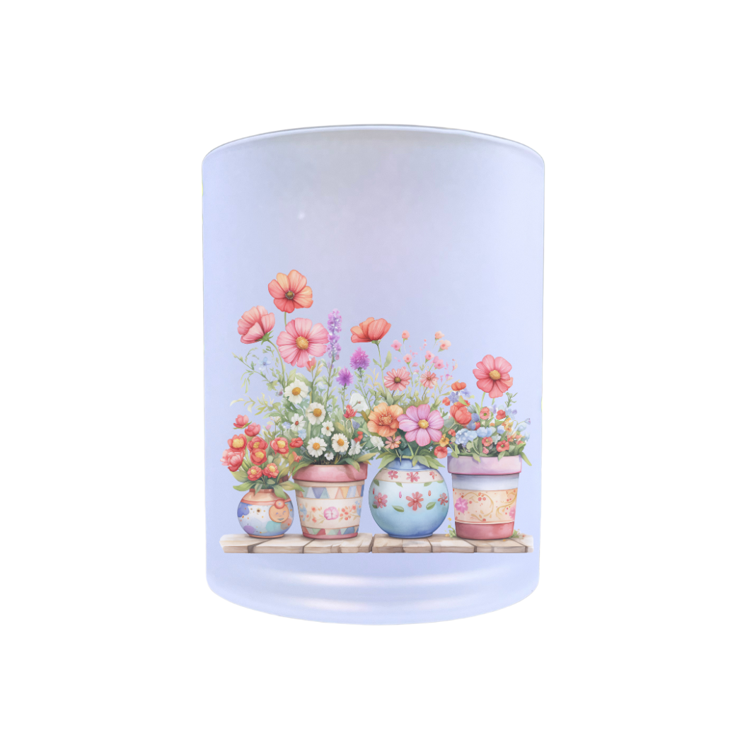 waxinelichthouder van glas met kleurige bloempotten
