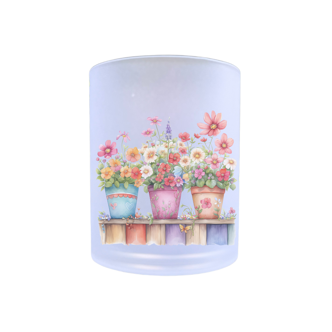 waxinelichthouder van glas met kleurige bloempotten