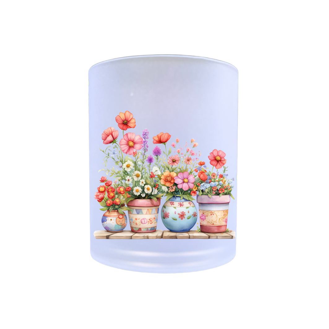 waxinelichthouder van glas met kleurige bloempotten