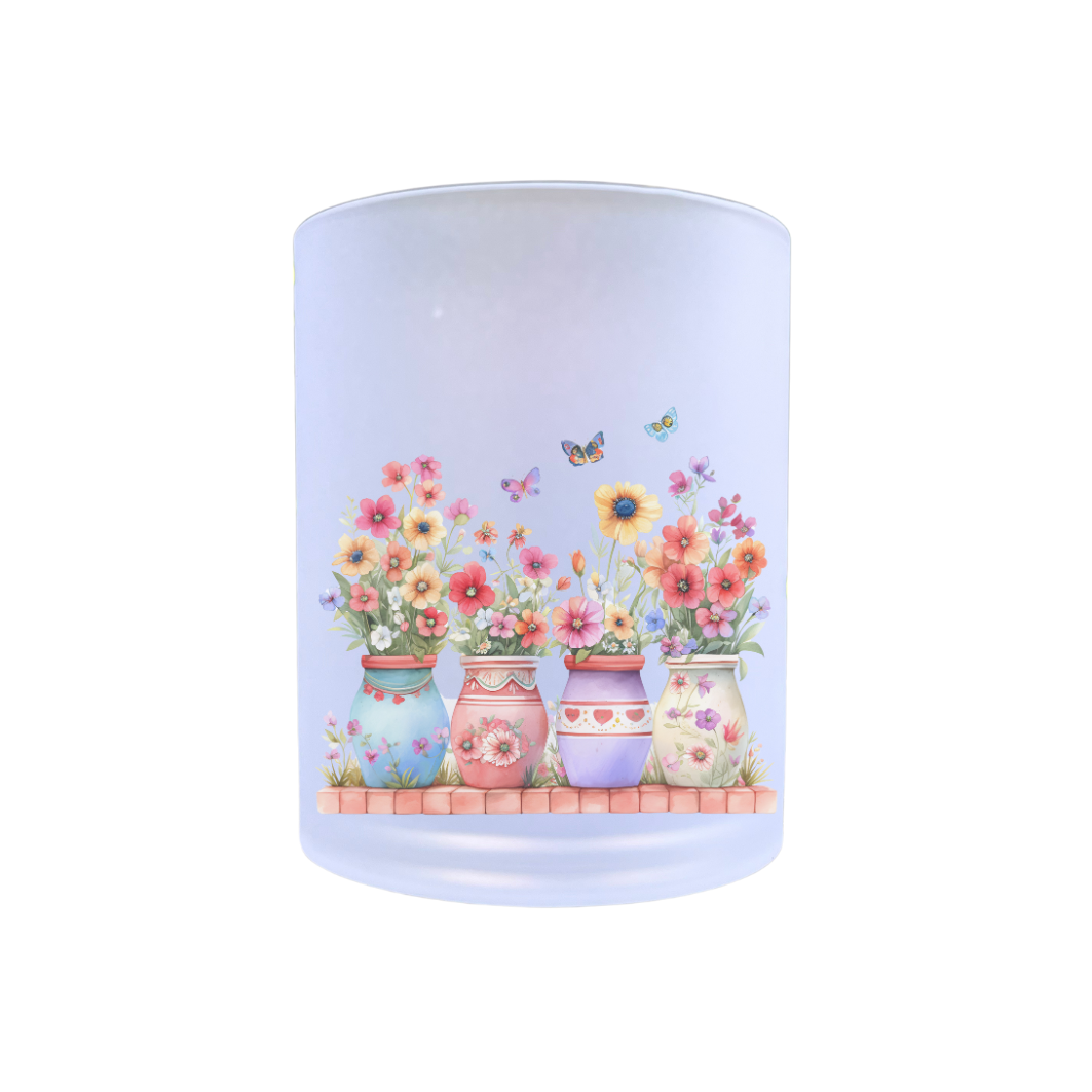 waxinelichthouder van glas met kleurige bloempotten
