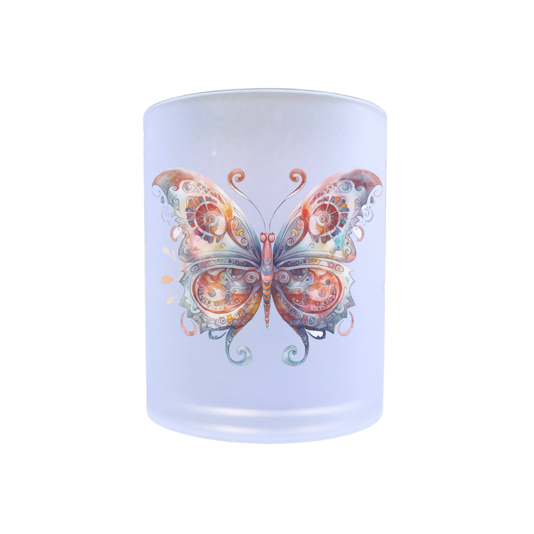 waxinelichthouder van glas met een afbeelding van een vlinder