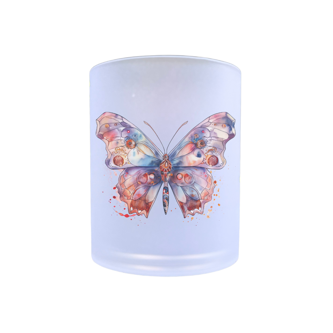 waxinelichthouder van glas met een afbeelding van een vlinder
