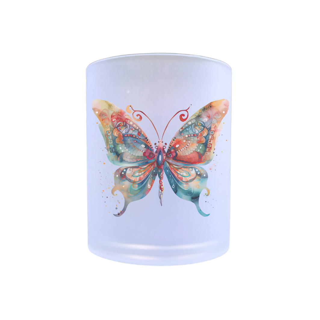 waxinelichthouder van glas met een afbeelding van een vlinder