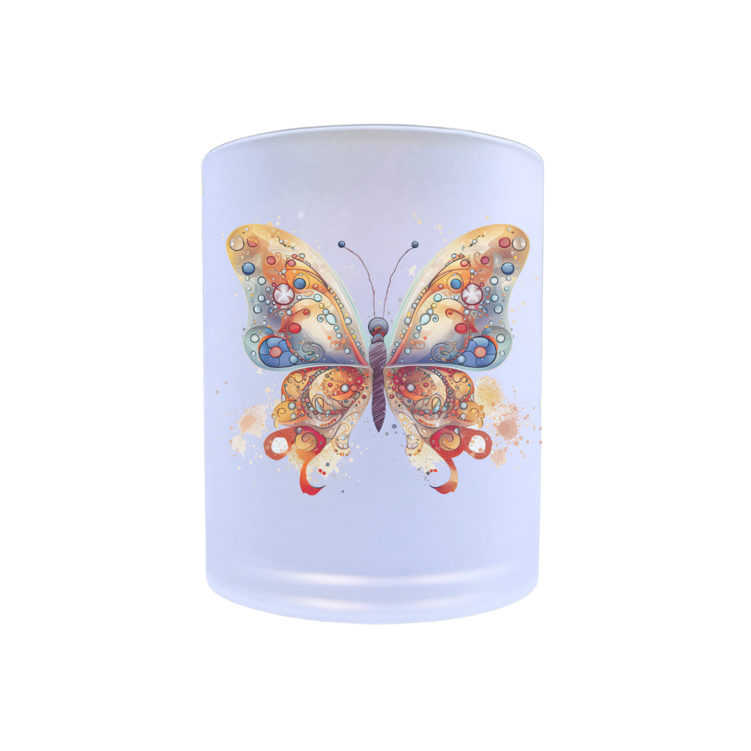 waxinelichthouder van glas met een afbeelding van een vlinder