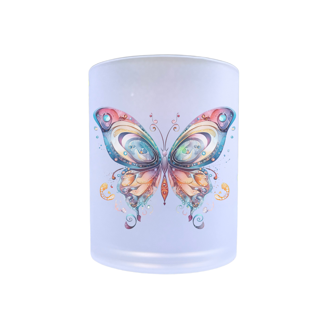waxinelichthouder van glas met een afbeelding van een vlinder