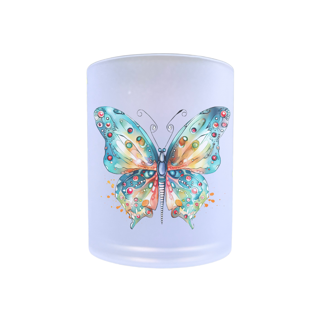 waxinelichthouder van glas met een afbeelding van een vlinder