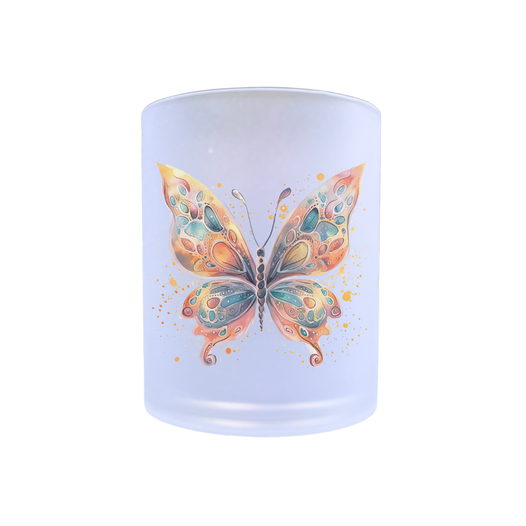 waxinelichthouder van glas met een afbeelding van een vlinder