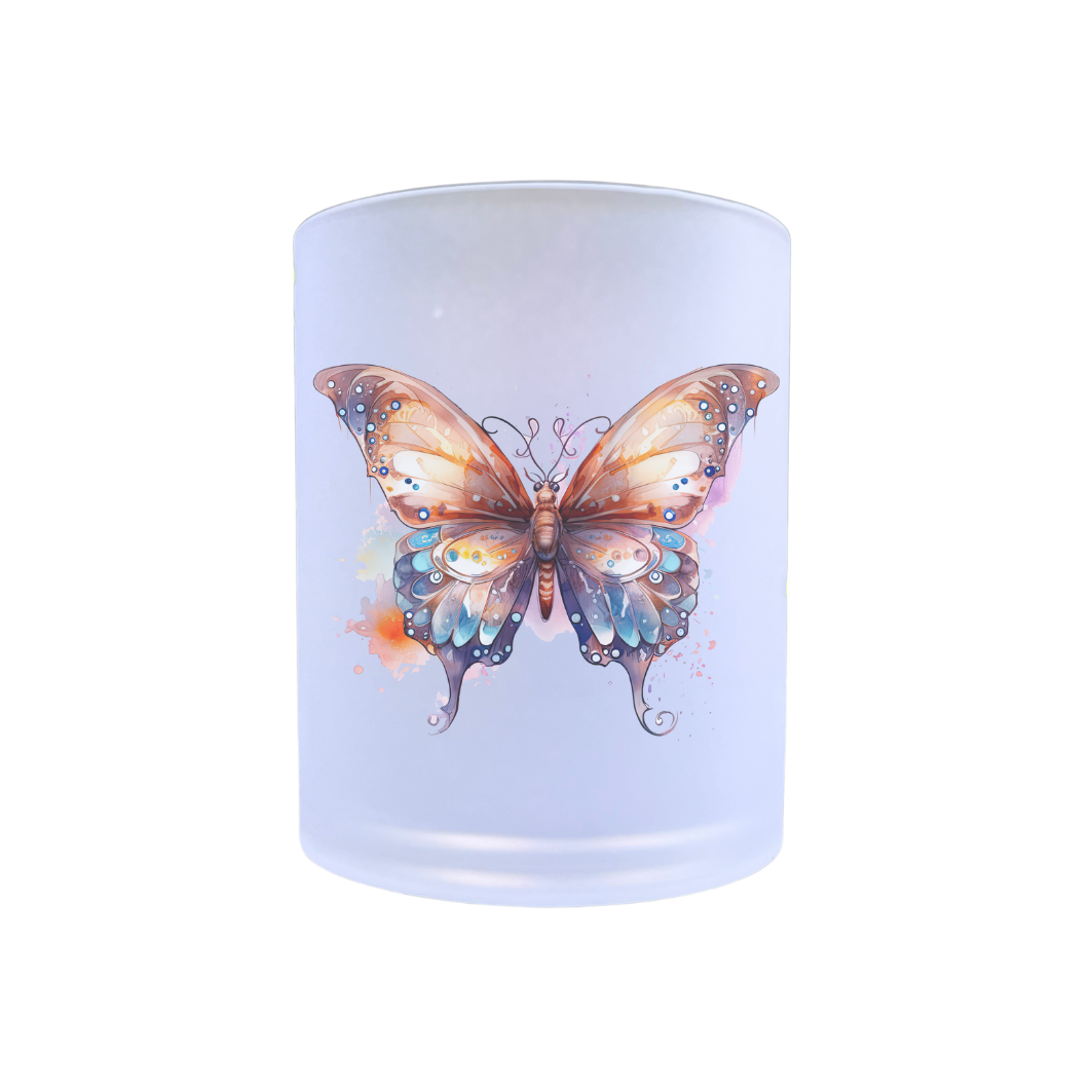 waxinelichthouder van glas met een afbeelding van een vlinder