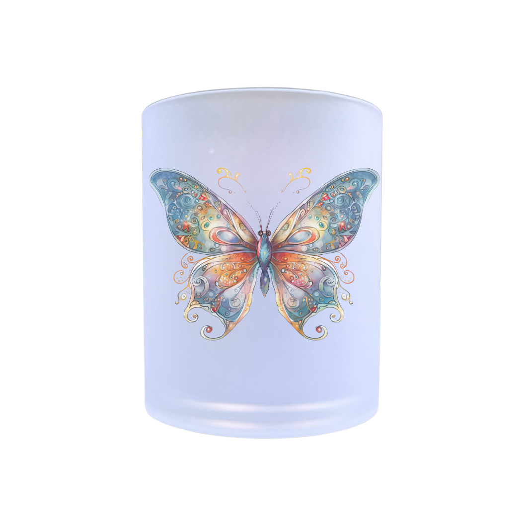 waxinelichthouder van glas met een afbeelding van een vlinder