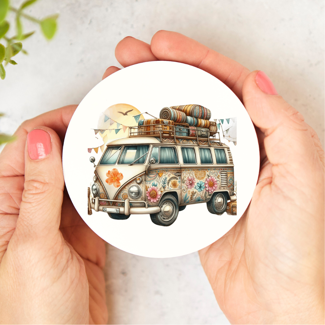 Onderzetter rond met de afbeelding van het bekende nostalgische busje