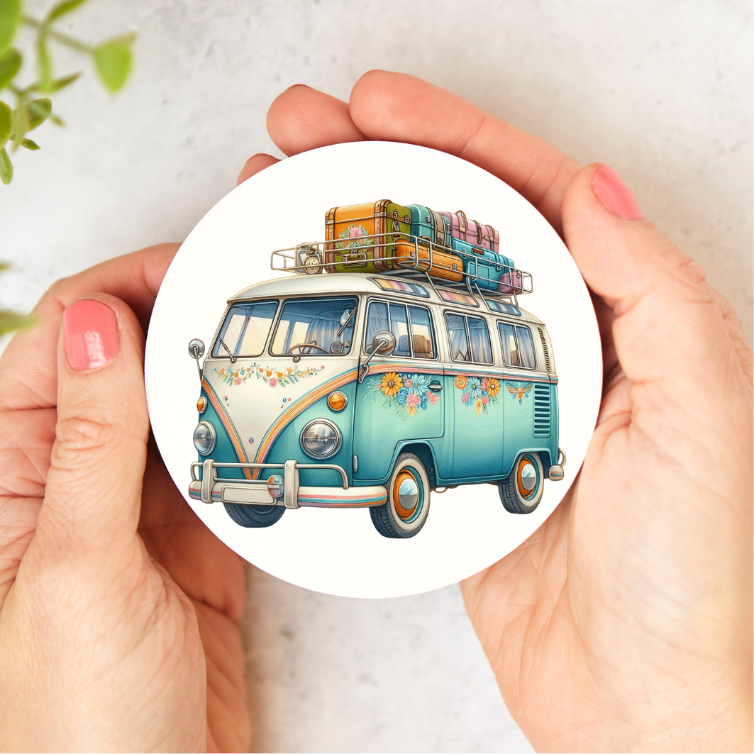 onderzetter rond met de afbeelding van het retro bekende busje