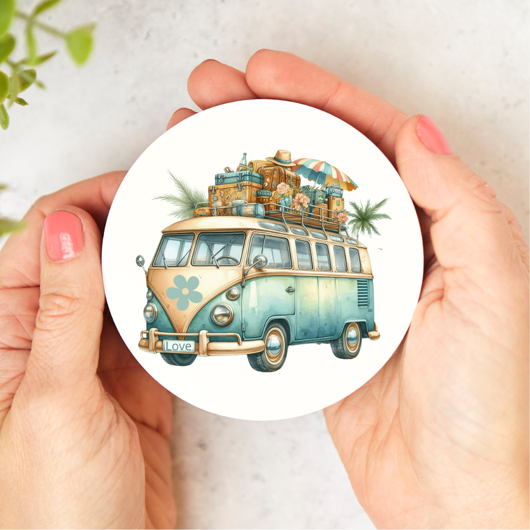Ronde onderzetter met de afbeelding van het nostalgische VW busje