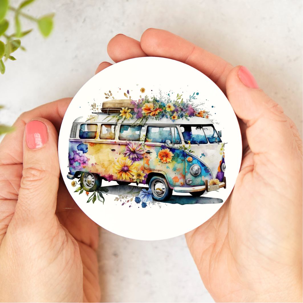 Ronde onderzetter met de afbeelding van het nostalgische VW busje