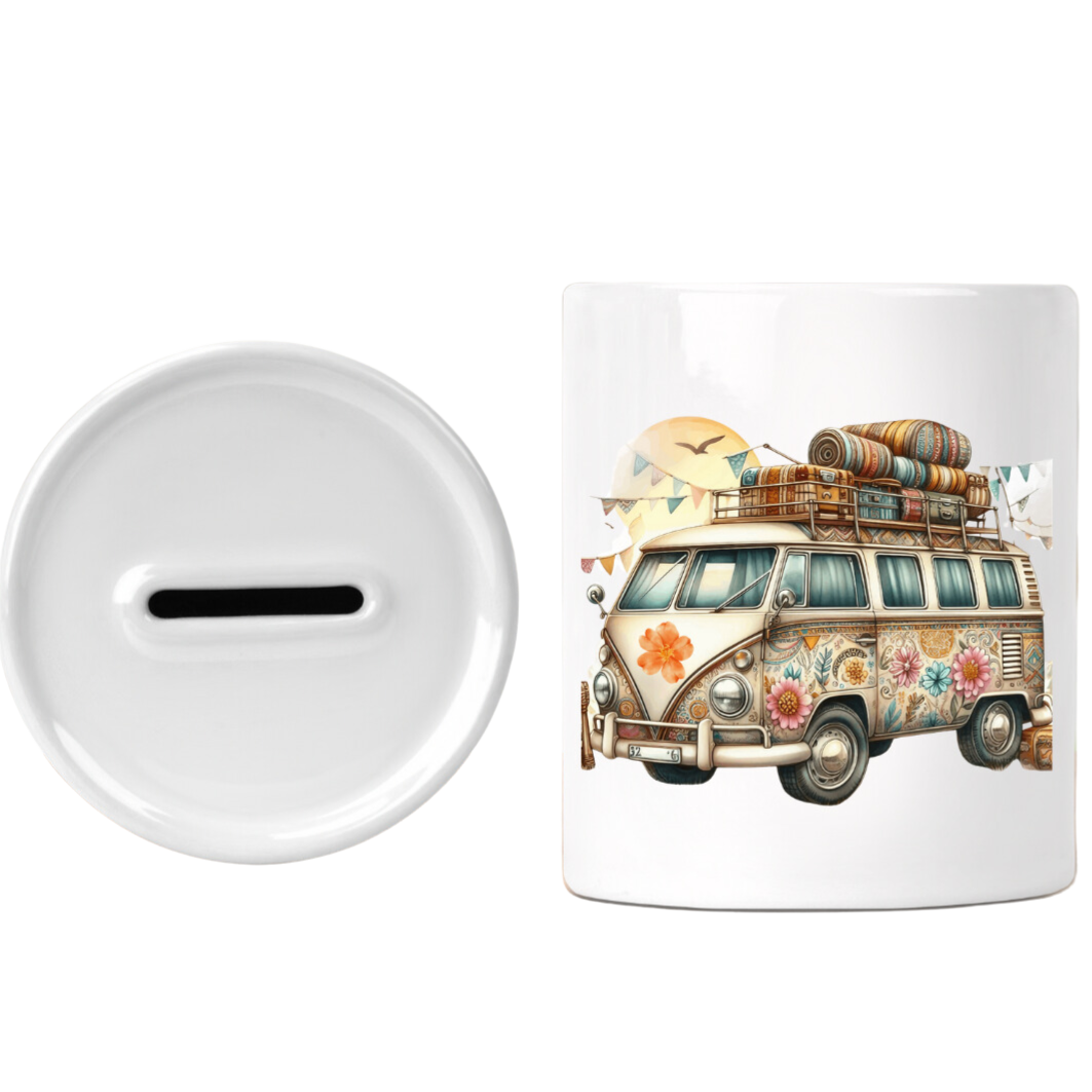 Stenen spaarpot met de afbeelding van het nostalgische VW busje
