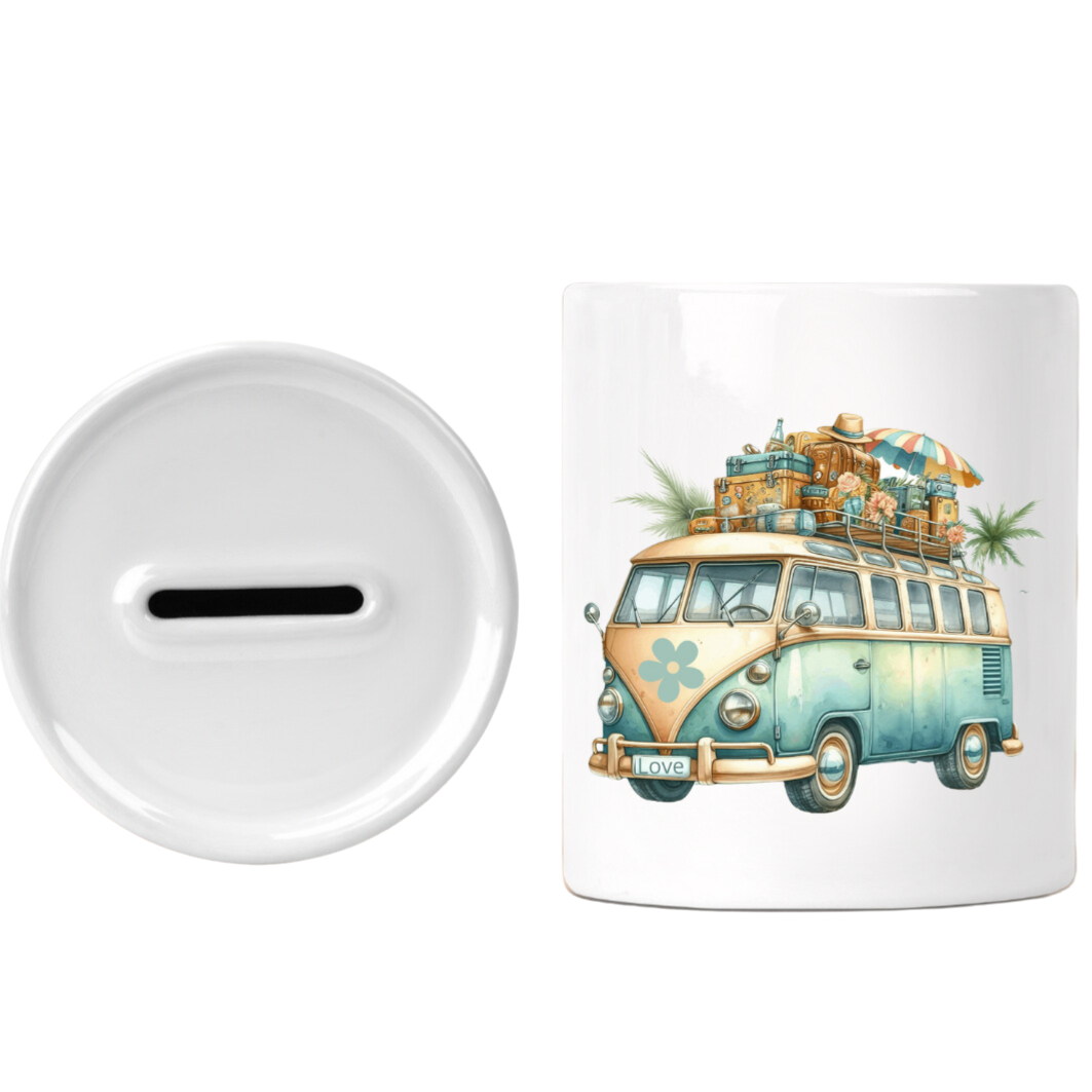 Stenen spaarpot met de afbeelding van een kleurig VW busje