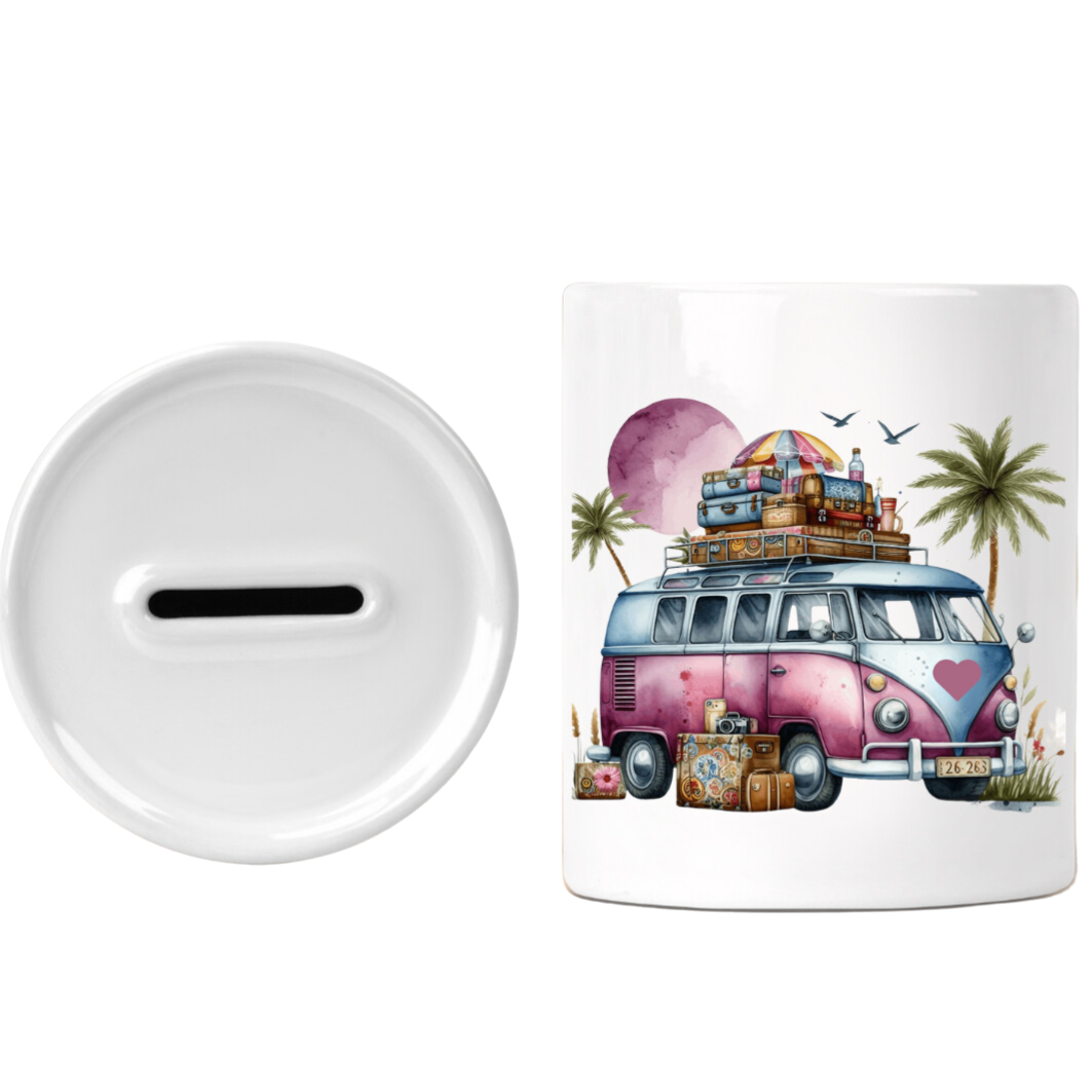 Stenen spaarpot met de afbeelding van het nostalgische busje