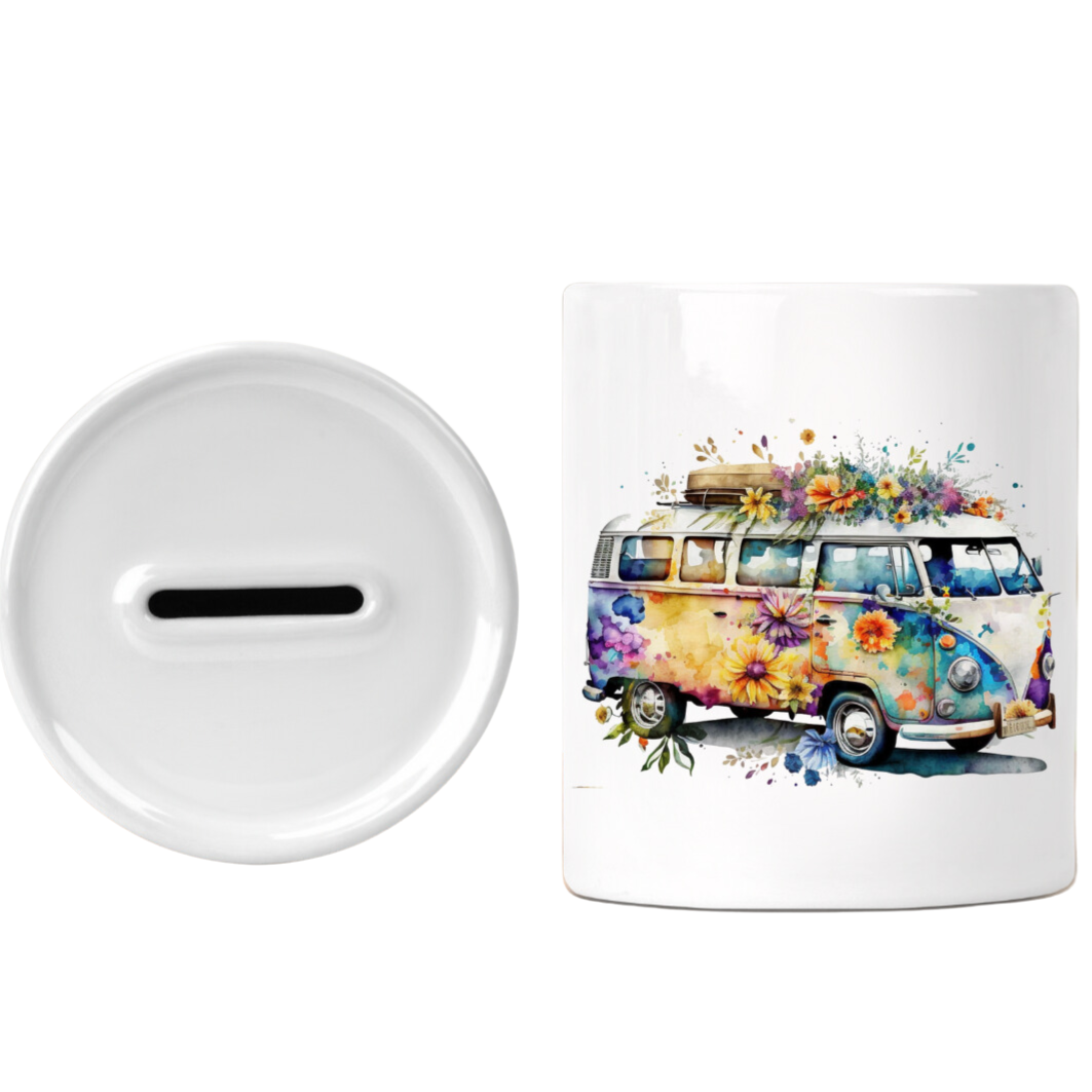 Stenen spaarpot met de afbeelding van een kleurig nostalgisch VW busje