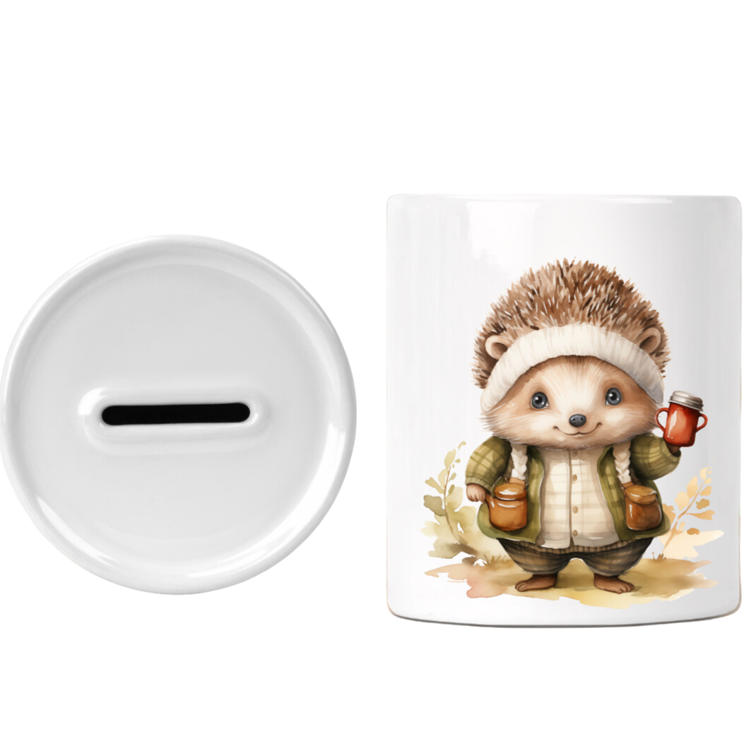 Stenen spaarpot met de afbeelding van een getekend egeltje