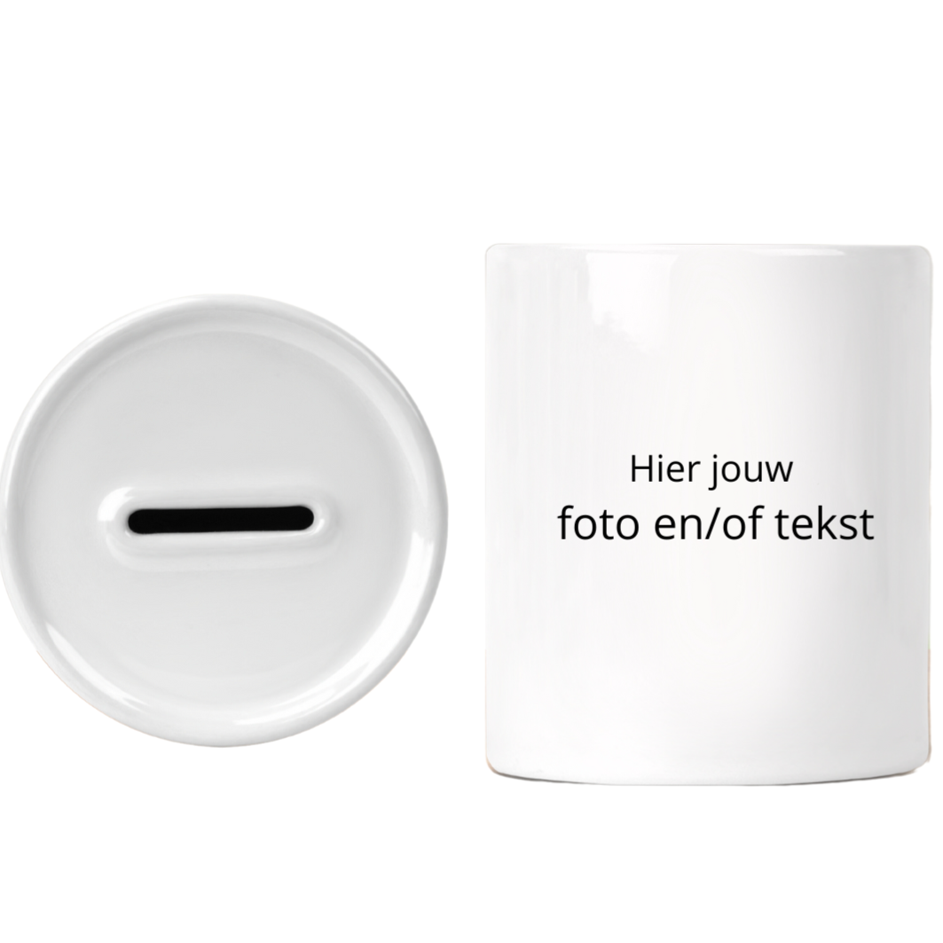 Spaarpot met een door jou gekozen afbeelding en of tekst, een leuk en origineel kraamcadeau.