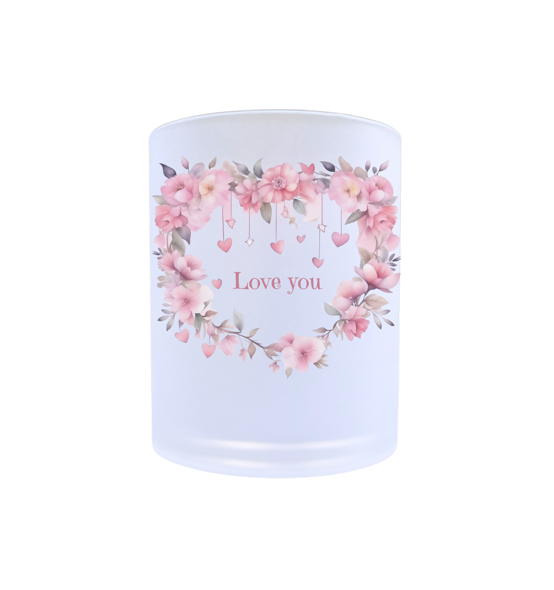 waxinelichthouder glas roze krans hartjes