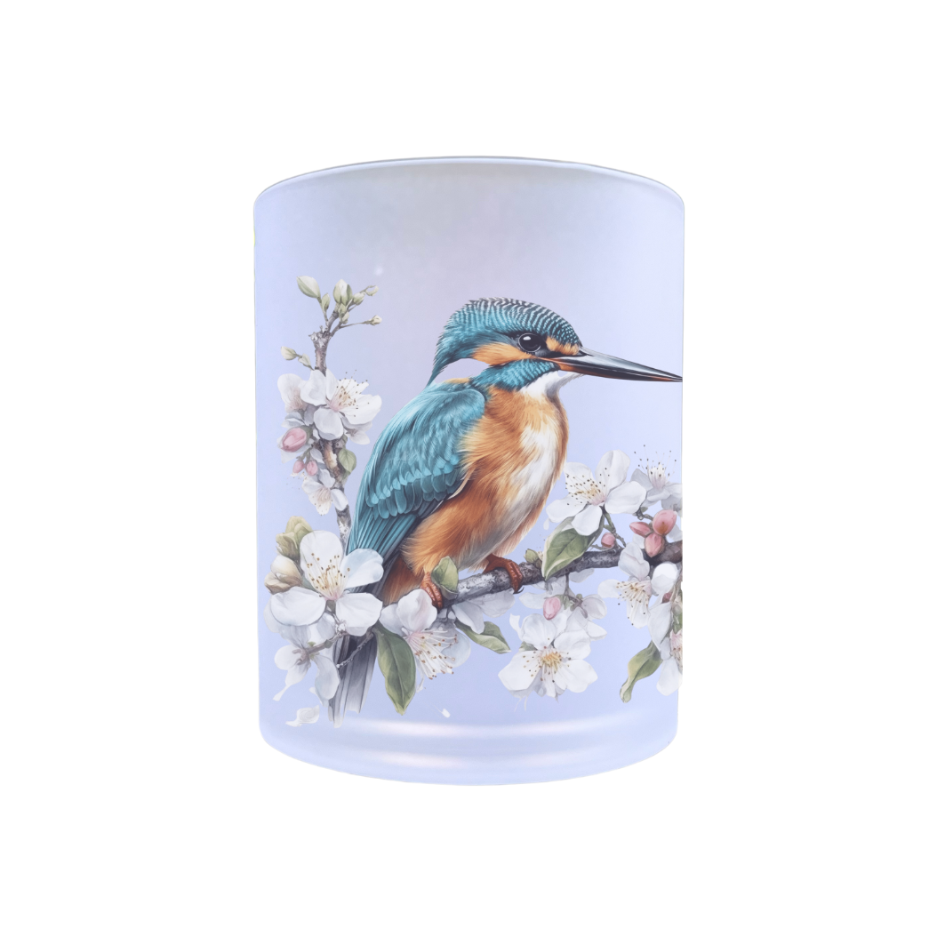 waxinelichthouder van glas met de afbeelding van een ijsvogel