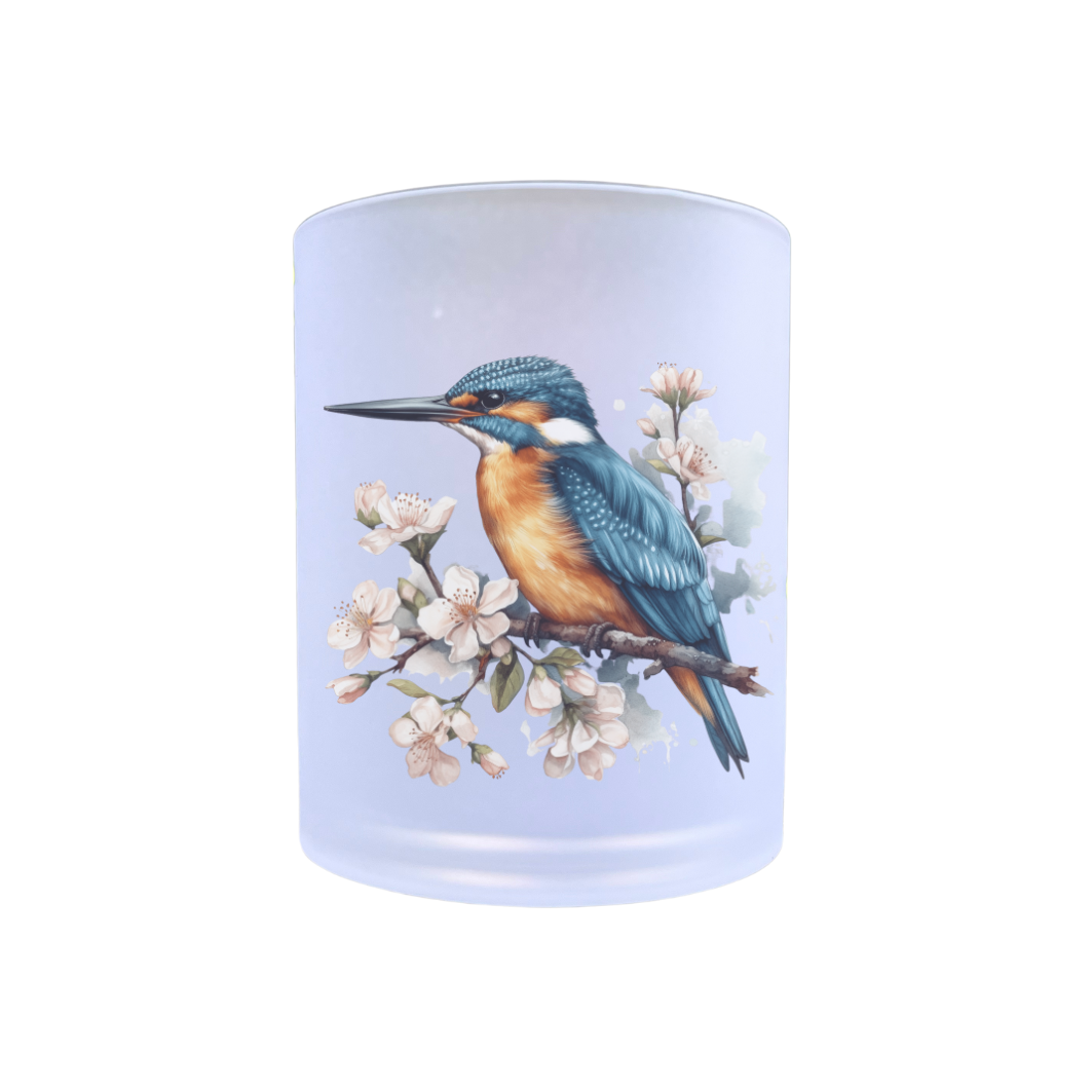 waxinelichthouder van glas met de afbeelding van een ijsvogel