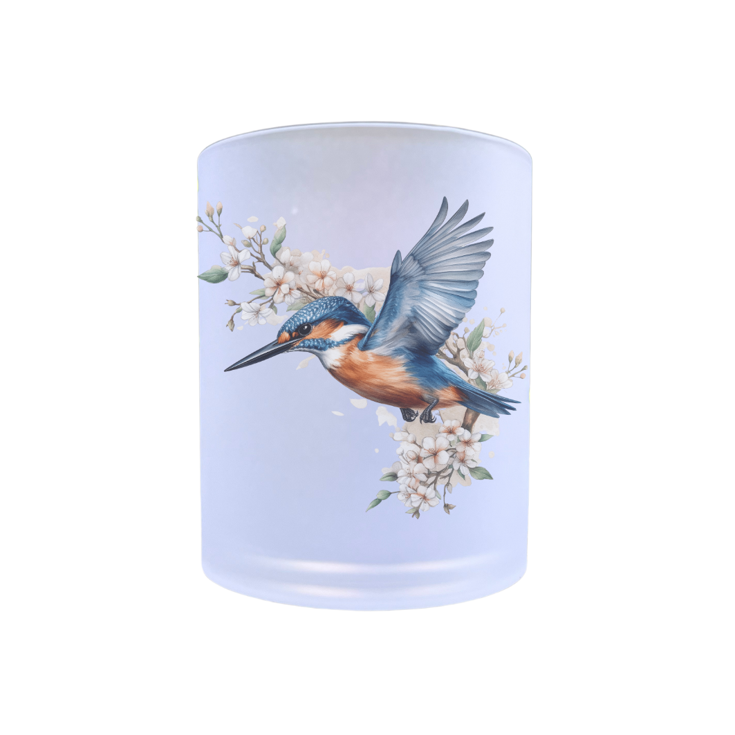 waxinelichthouder van glas met de afbeelding van een ijsvogel