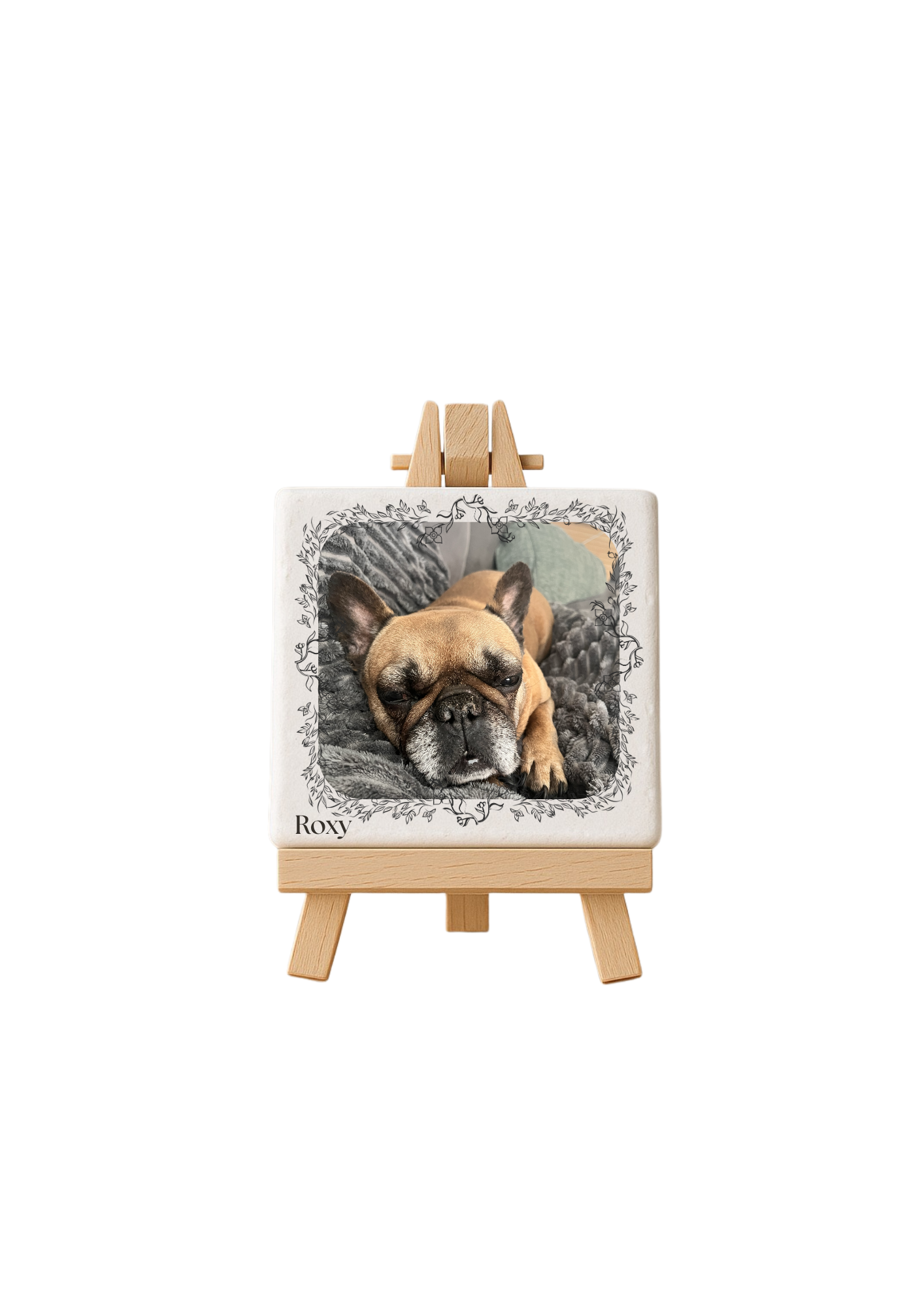 Gepersonaliseerd Stenen Tegeltje – 10×10 cm (incl. houten standaard)